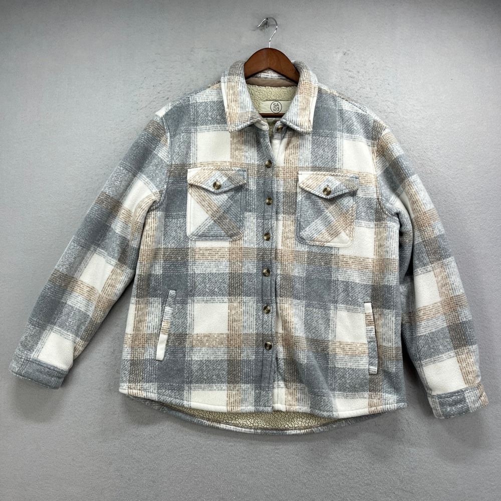 Sage Collective Flannel Shacket Jacket Womens Large Gray Plaid Sherpa Lined Cozy
